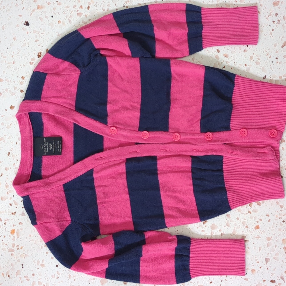 Bright Pink and Navy Cotton Sweater Spring Button Up Cardigan Long Sleeve | XS